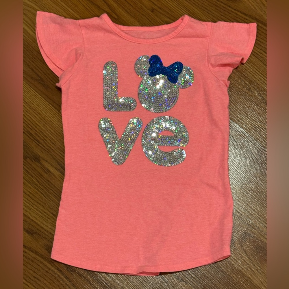 Disney Coral Silver Sequin Tee with Minnie Mouse Design